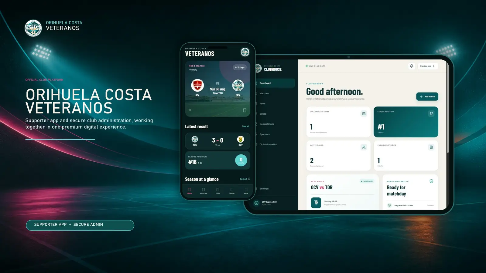 Orihuela Costa Veteranos app prototype on mobile and tablet